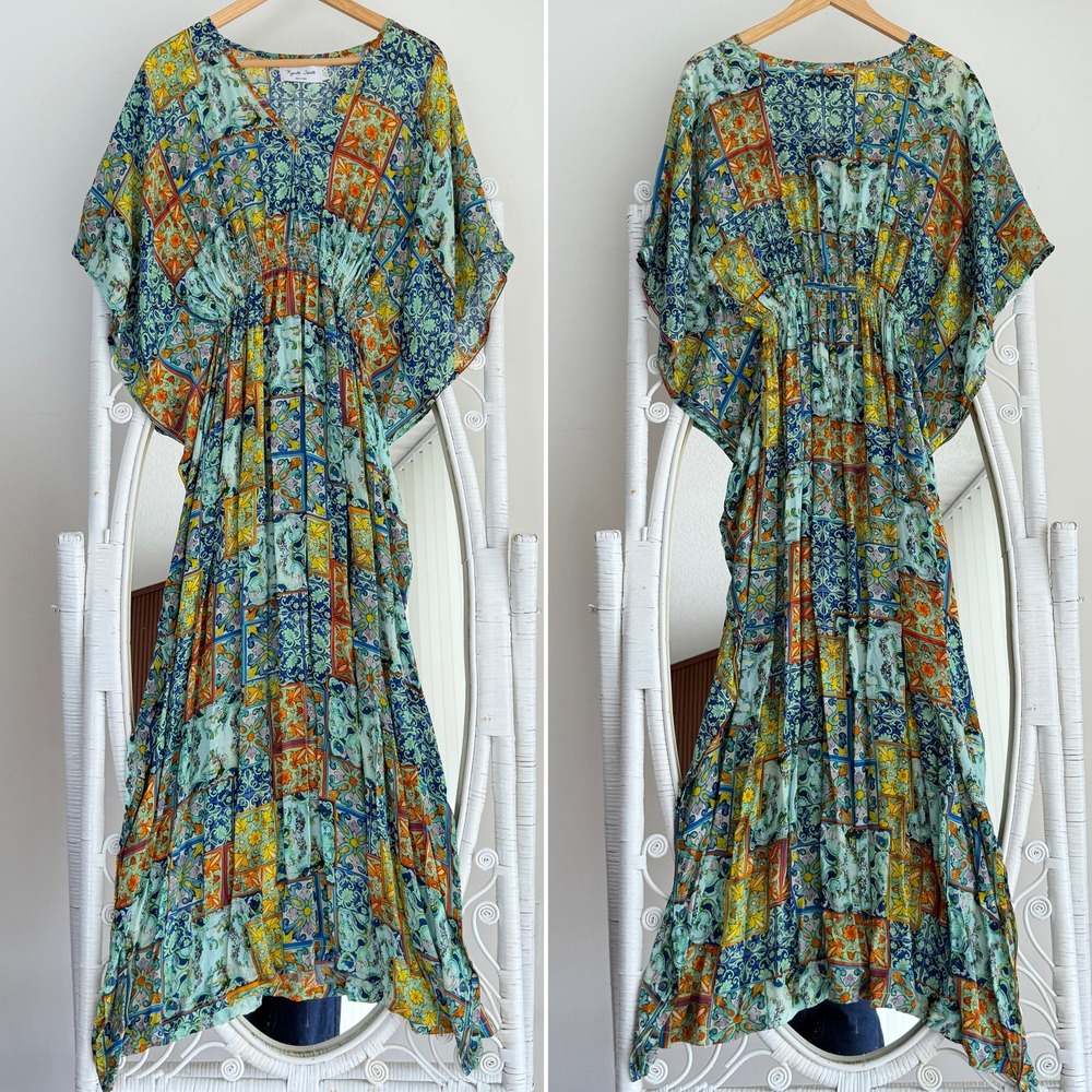 Anthropologie Rujuta Sheth Kaftan Dress One Size Tile Floral Block Print Boho